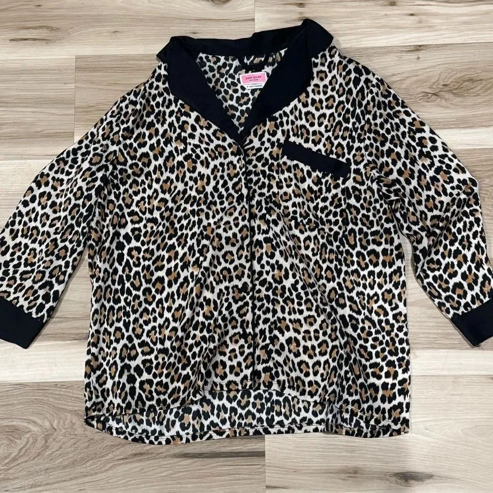 Kate Spade Leopard Print Tan Black Satin Pajama Top Women’s Medium